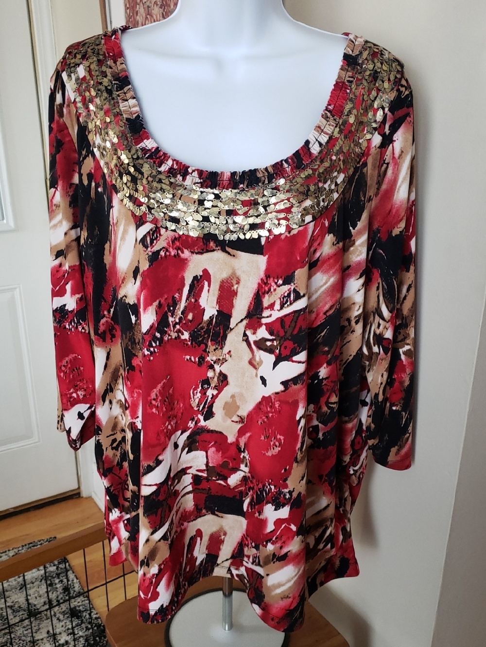 Laura Ashley Red Floral Metallic Ornate Scoop Neck Tunic, 3X